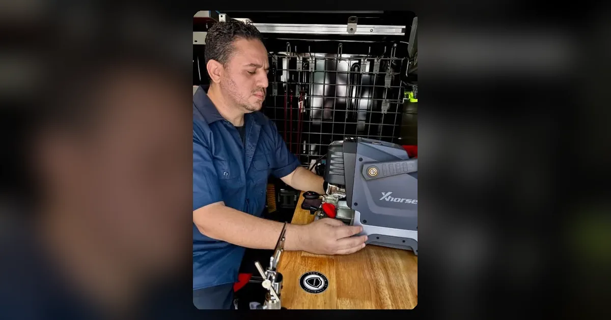 Adam from Hub Key Services cutting a new car key on the key machine inside his van