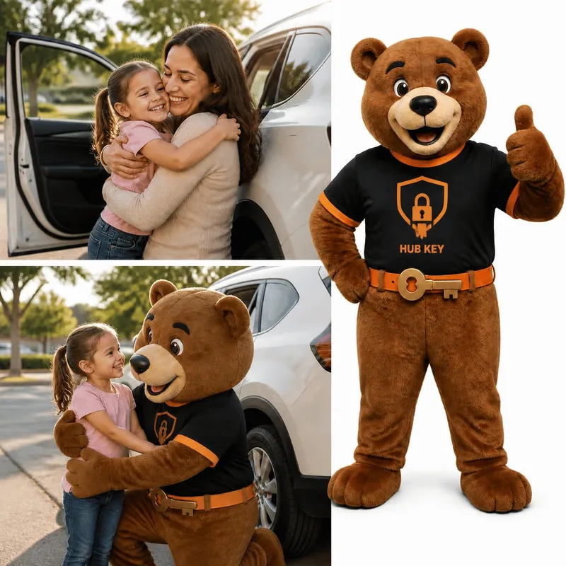 A mother hugging her daughter next to their car, and the Hub Key Services bear mascot giving a thumbs up
