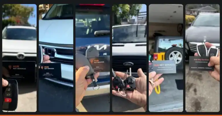 New car keys made by Hub Key Services for a Toyota RAV4, Honda Pilot, Kia Telluride, Ford Transit, Jeep Wrangler and Mercedes-Benz