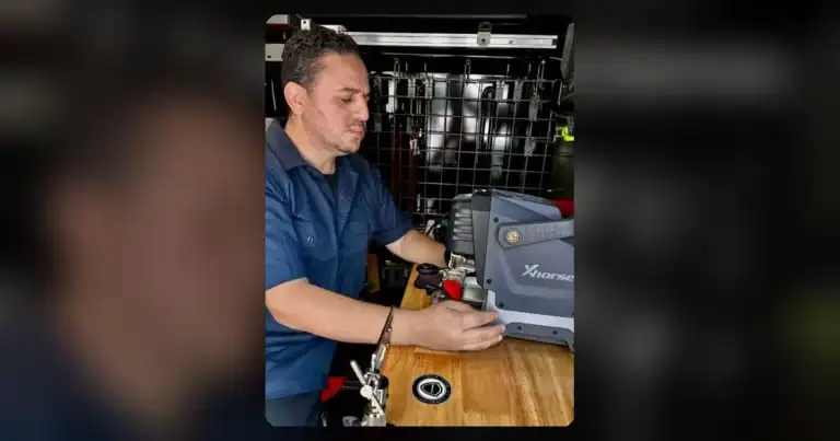Adam from Hub Key Services cutting a new car key on the key machine inside his van